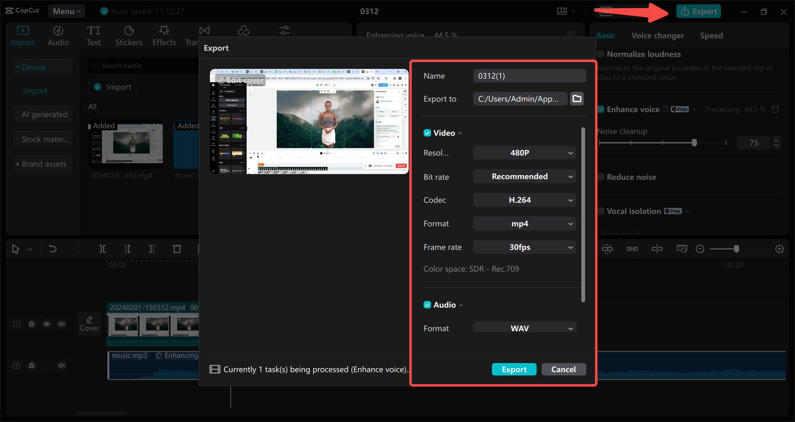 Export video with enhanced audio