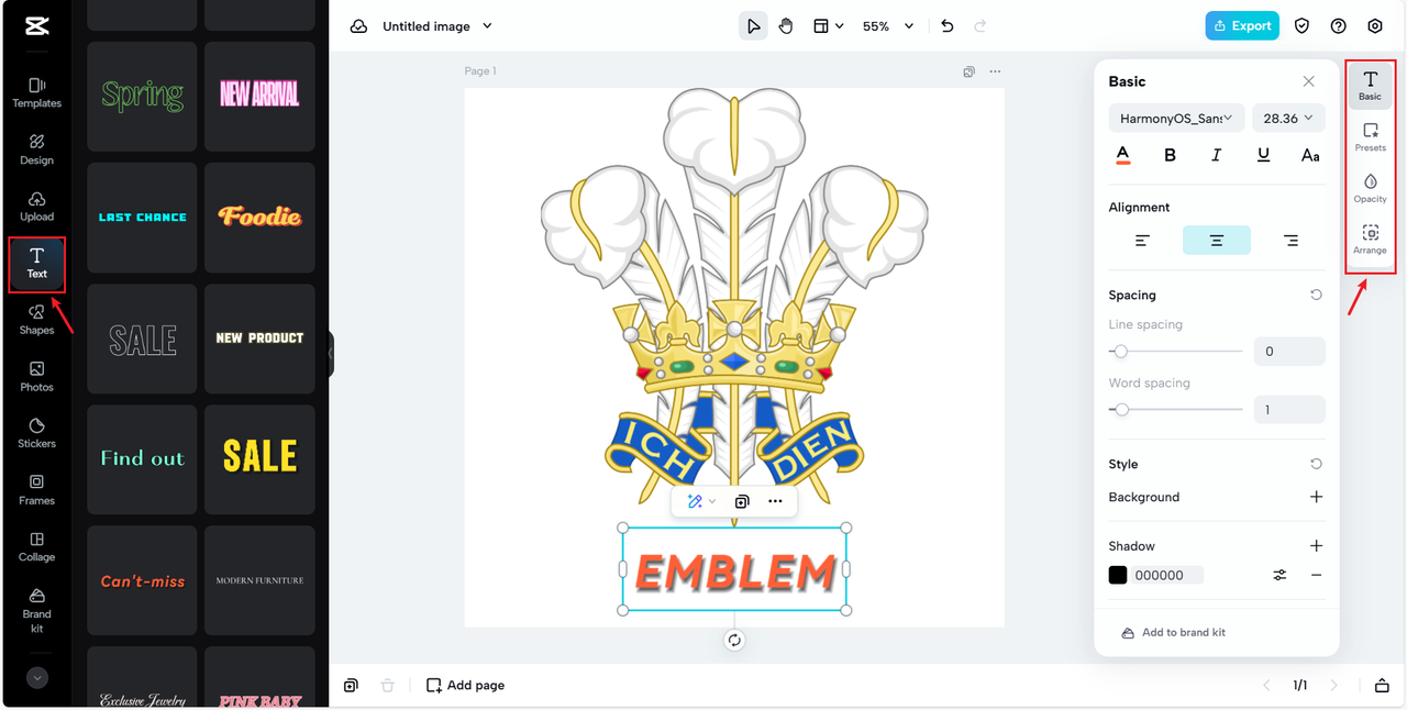 Add text to your emblem in CapCut Online
