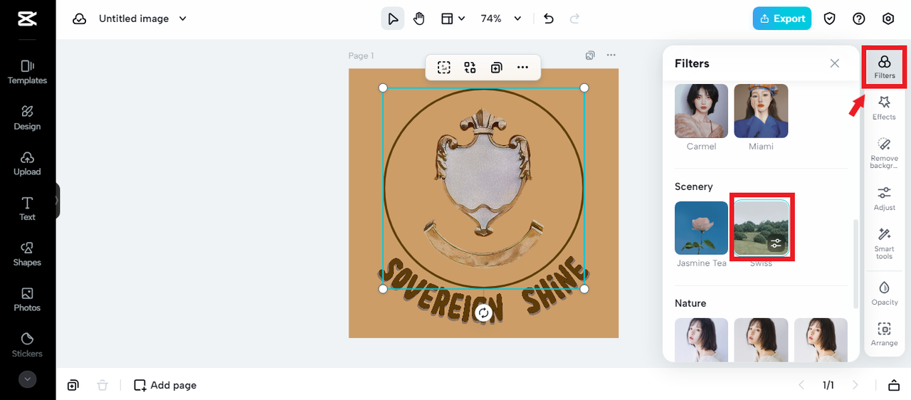 Adding filter to emblem design in CapCut Online