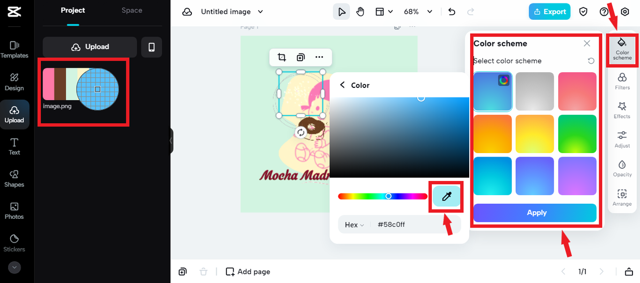 using color picker tool to extract color from image for the logo in CapCut Online