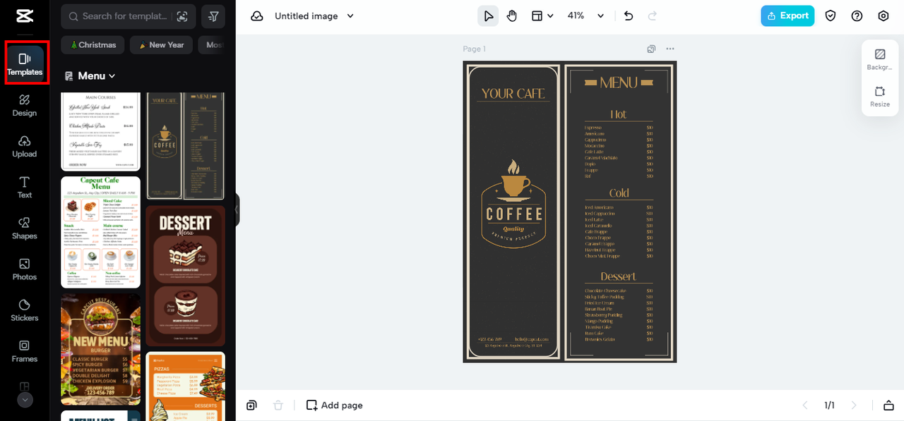 pick a relevant template for making a menu card