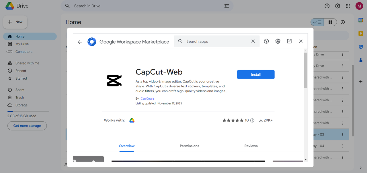 Install CapCut-Web on Google Drive for audio extracting online