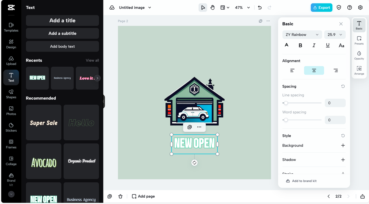 Making a auto garage logo in CapCut Online