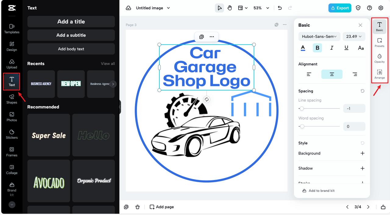 Fonts and text editing options for auto garage logo