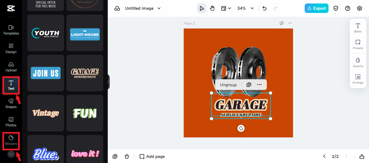 stickers and font styles in CapCut Online