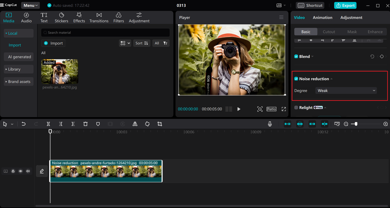 Reduce image noise on the CapCut Pro PC editor