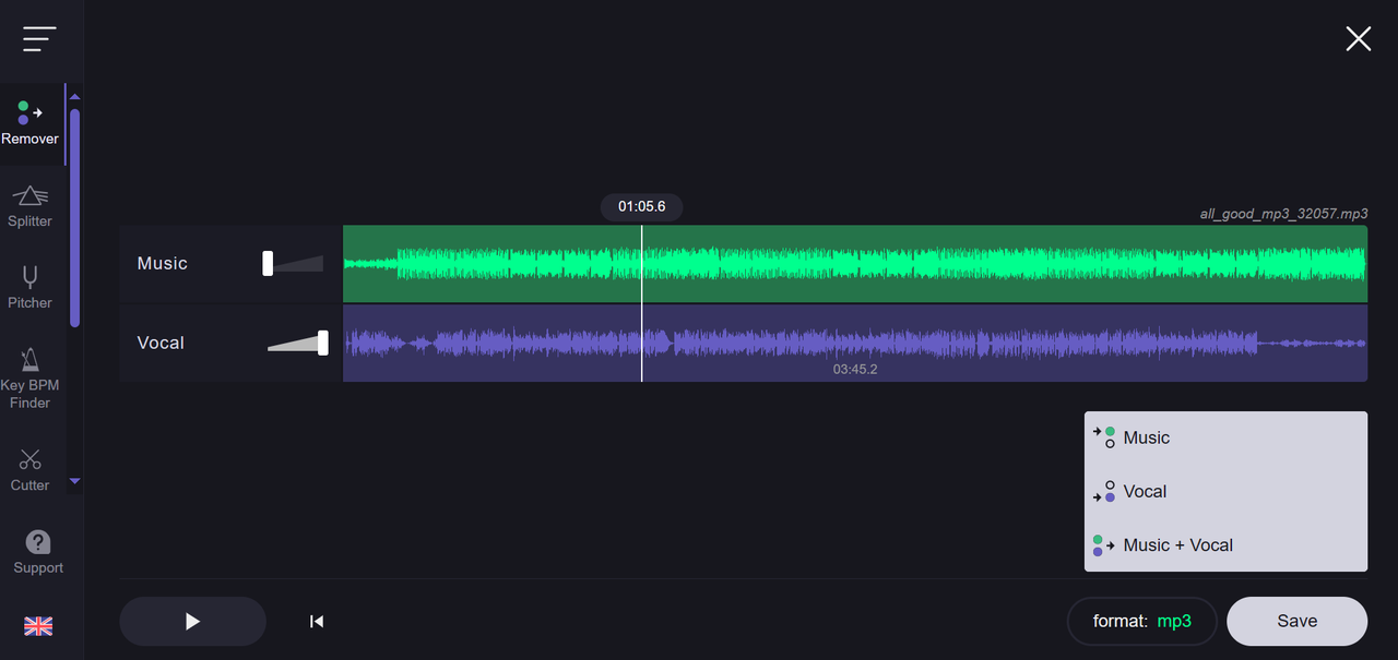 Vocal Remover freeware interface