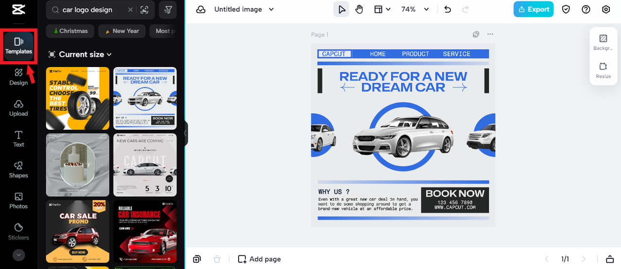 selecting template for car logo in CapCut Online