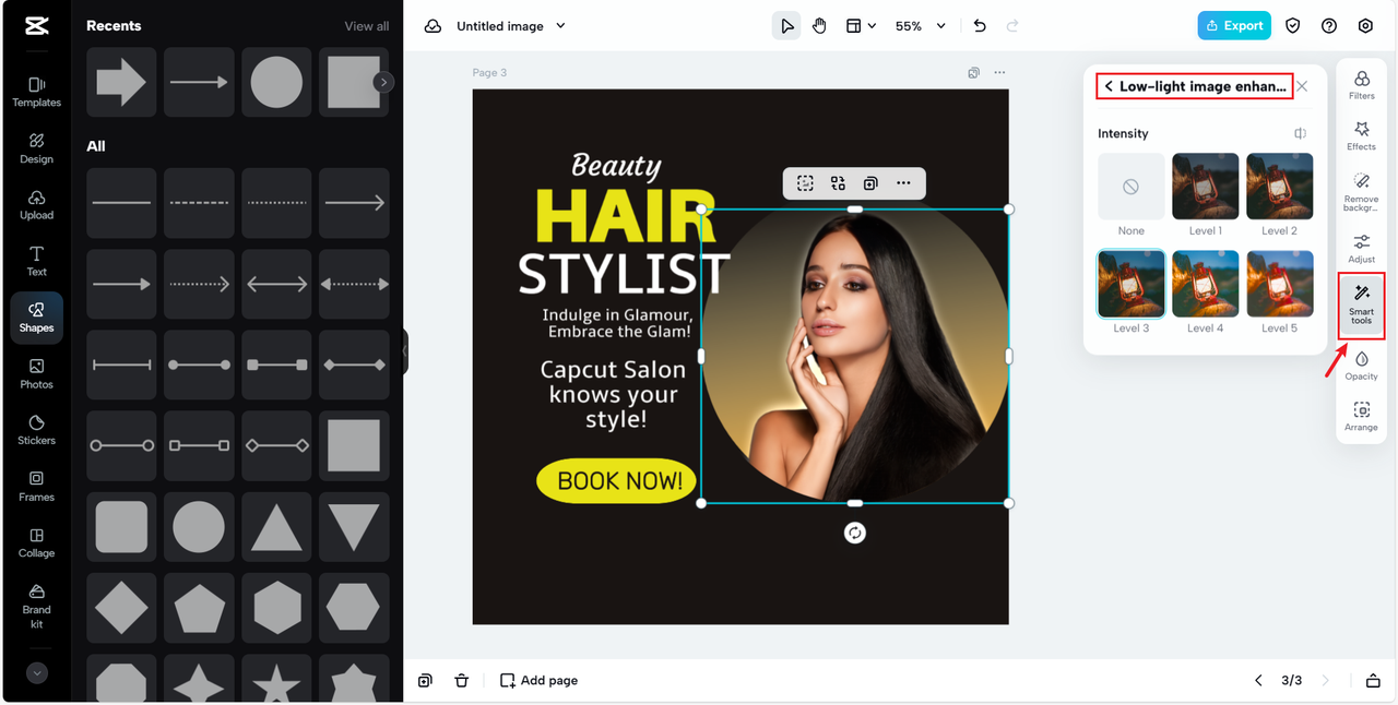 CapCut Online low-light image enhancer for hair salon logo design