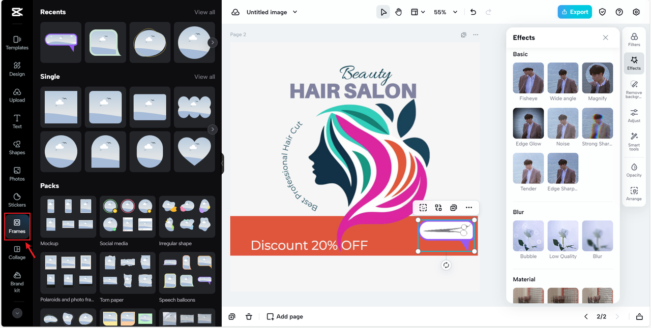 Apply frames to your hair stylist logo