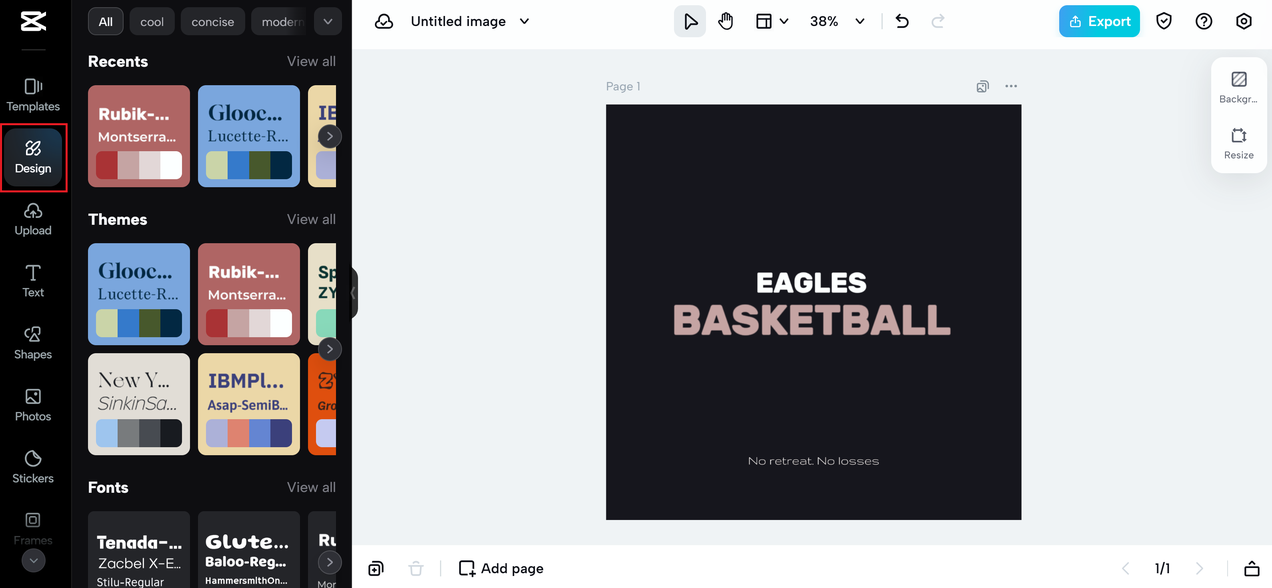 Choose "Design" to pick your basketball team logo's color combinations and themes