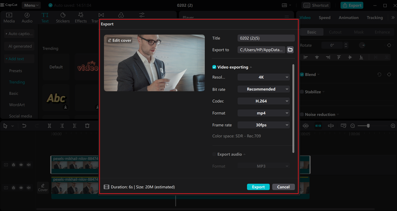 Export video from the CapCut desktop camera tracking tool