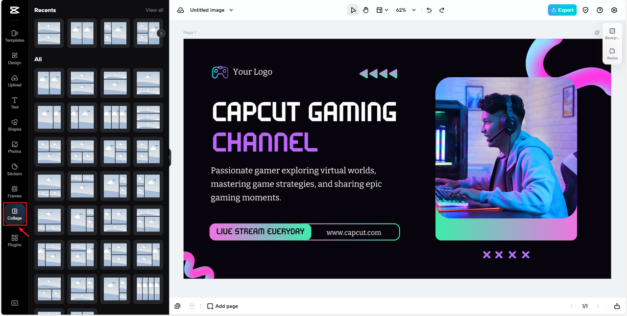 CapCut online's collage feature for twitch banners