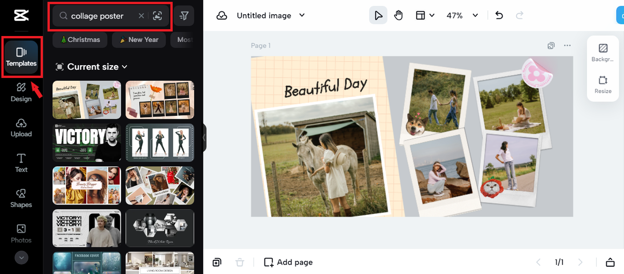 selecting photo collage template in CapCut Online