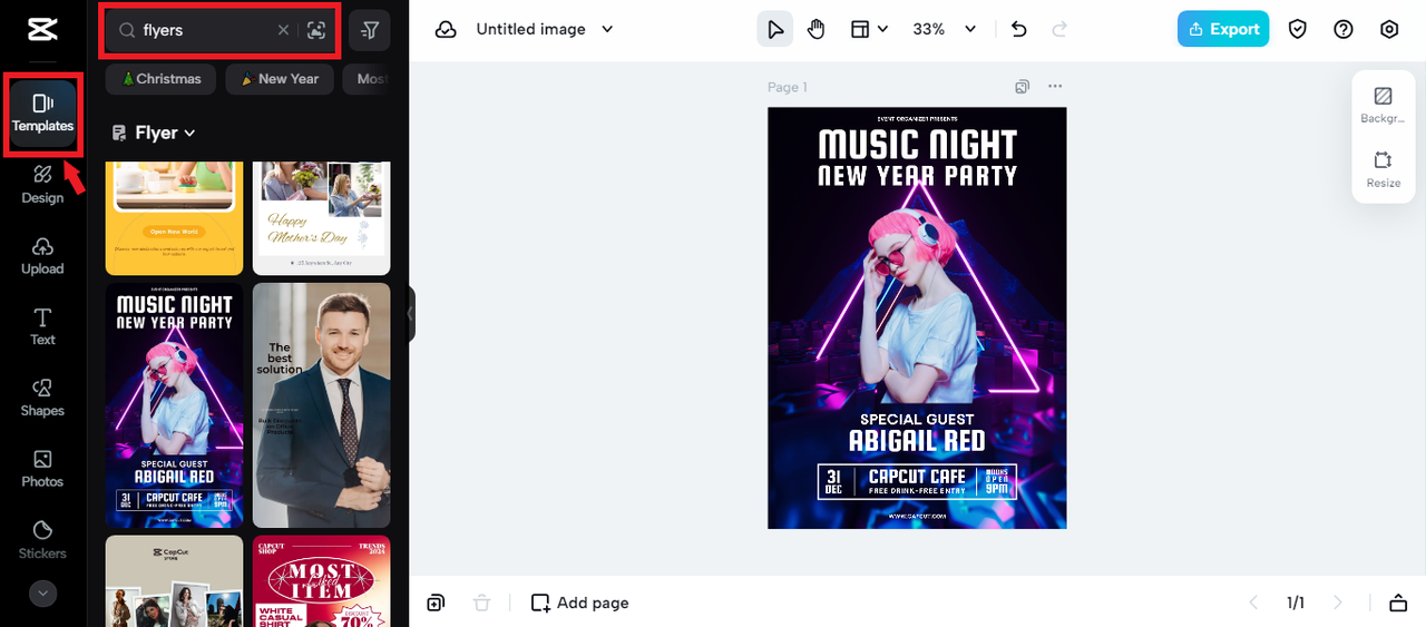 selecting flyer template in CapCut Online
