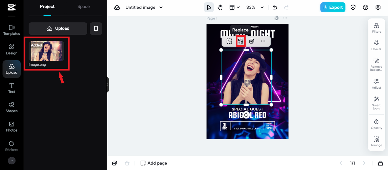 replacing image in flyer template in CapCut Online