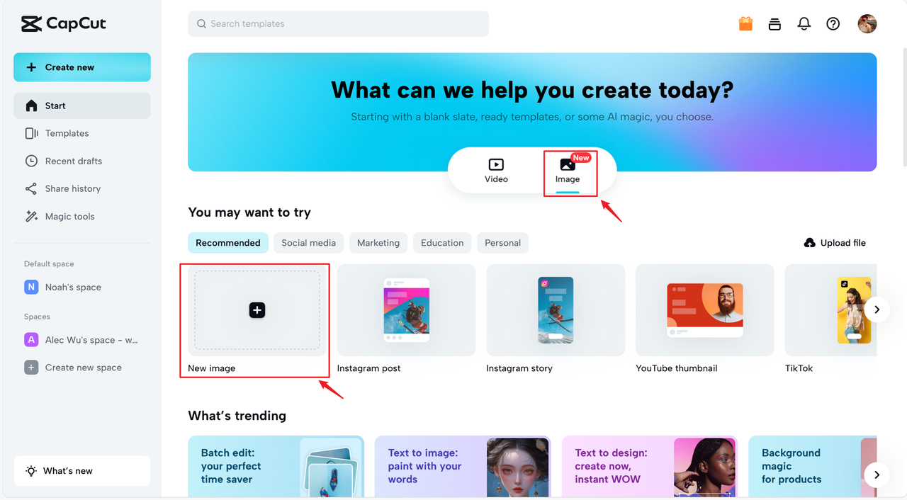 CapCut Online's infertace showing how to create a new image