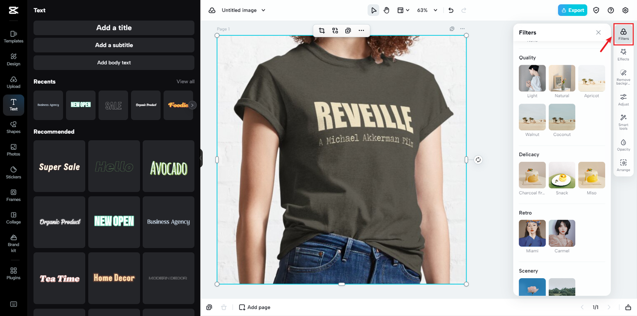 Apply filters to shirt logo design