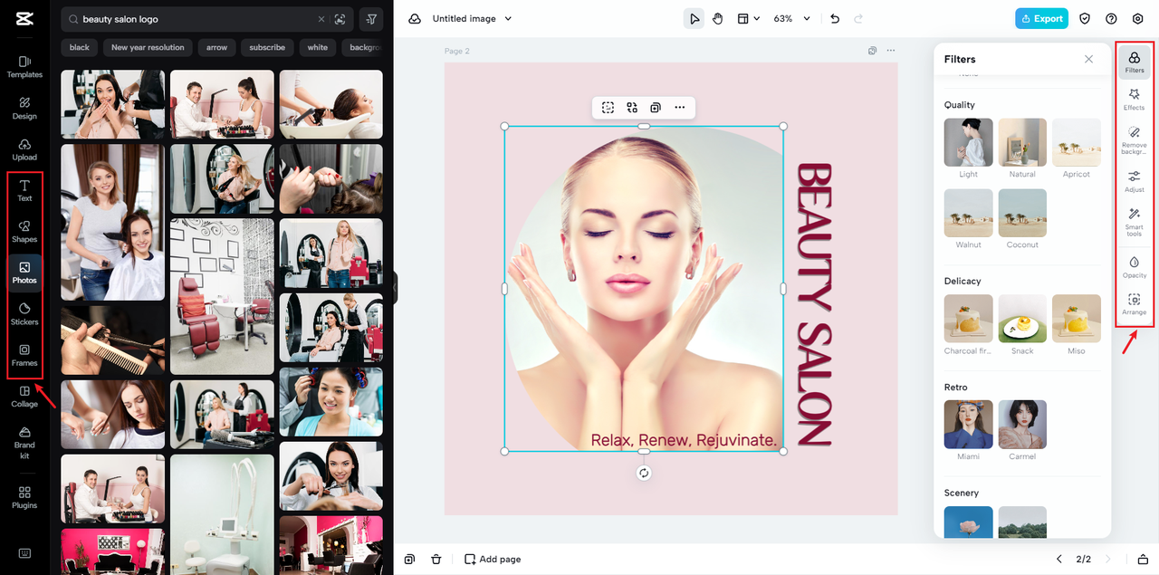 Beauty salon logo media resources and editing features