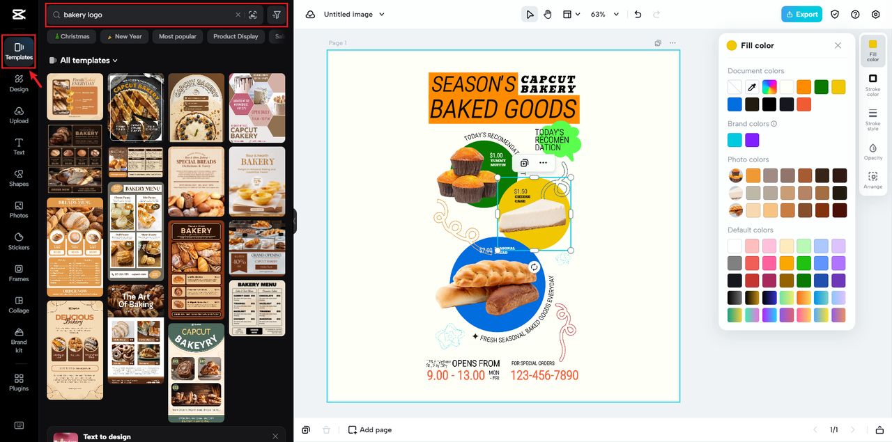 Choose bakery logo template in CapCut Online