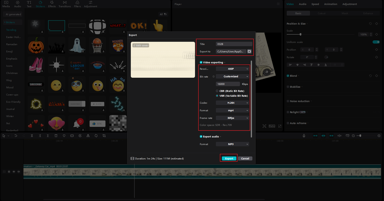 adjusting video exporting settings on the CapCut desktop video editor, the best 2D animation free software