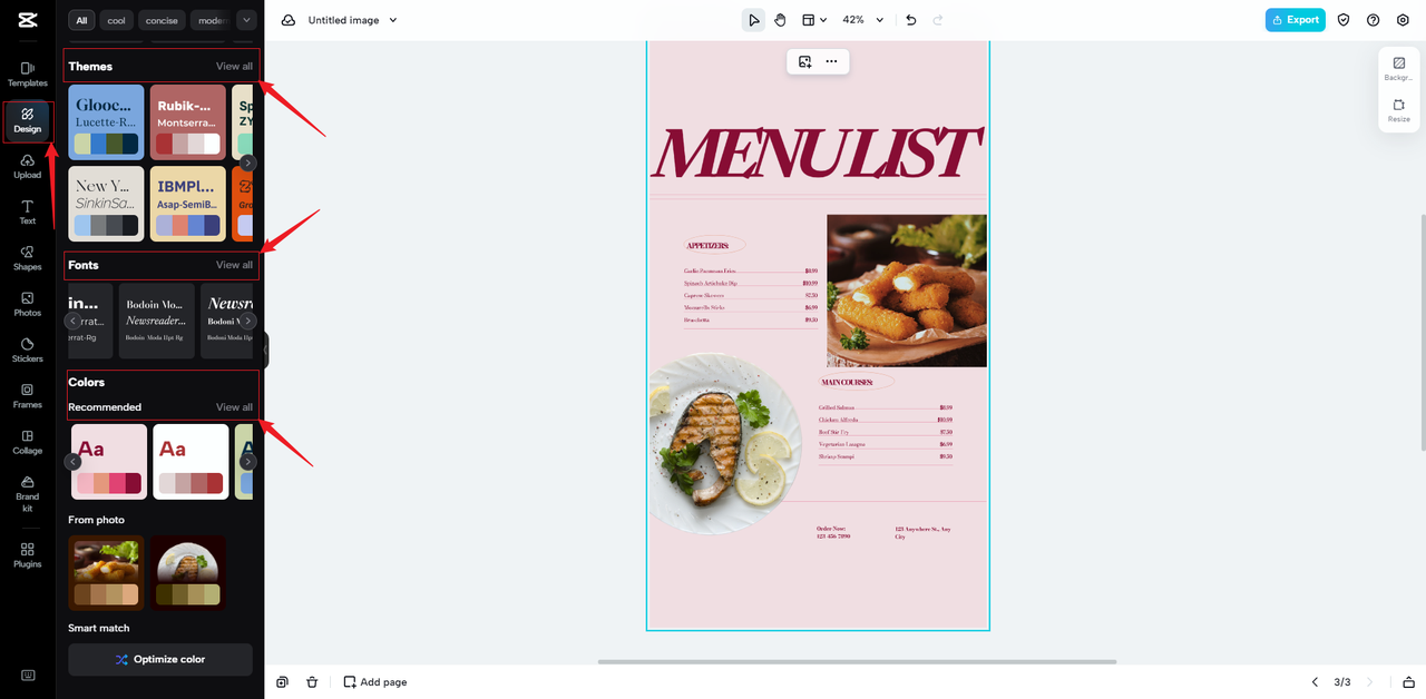 CapCut Online interface showing how to access features like color palettes and themes