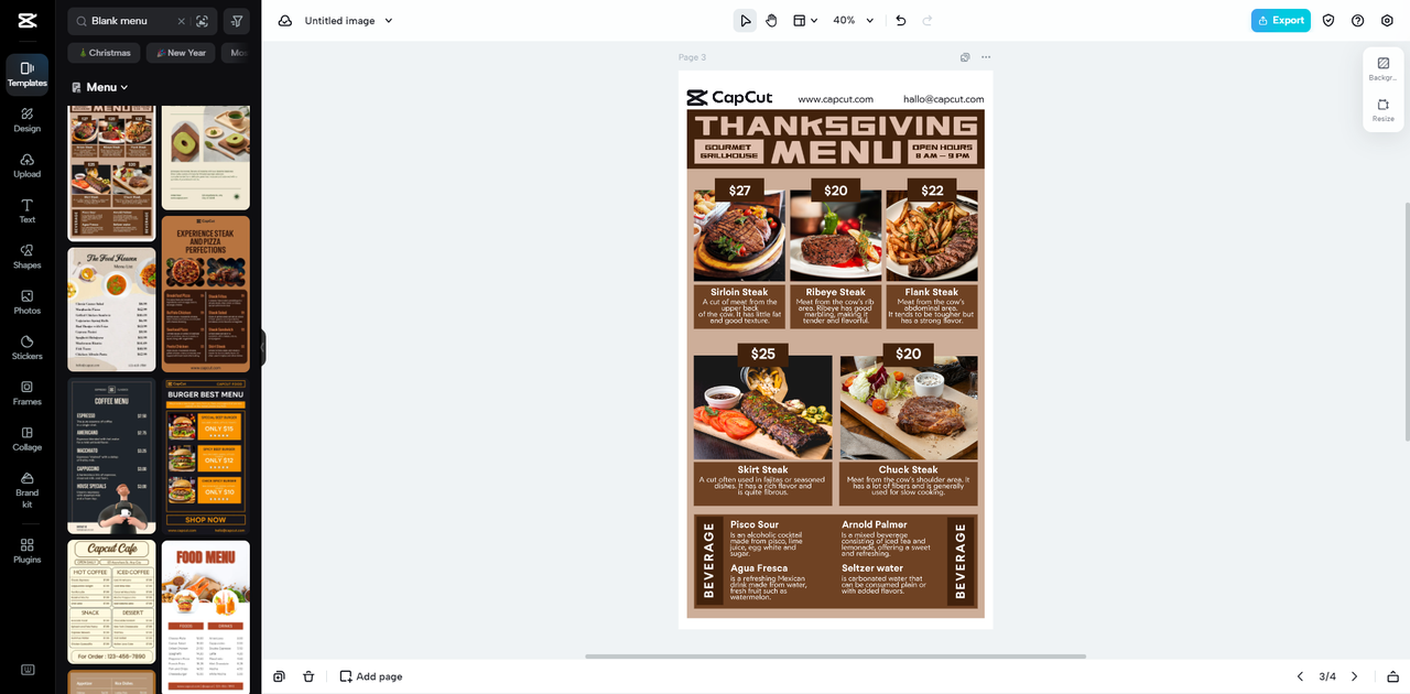 CapCut Online showing a menu specially structured for Thanksgiving