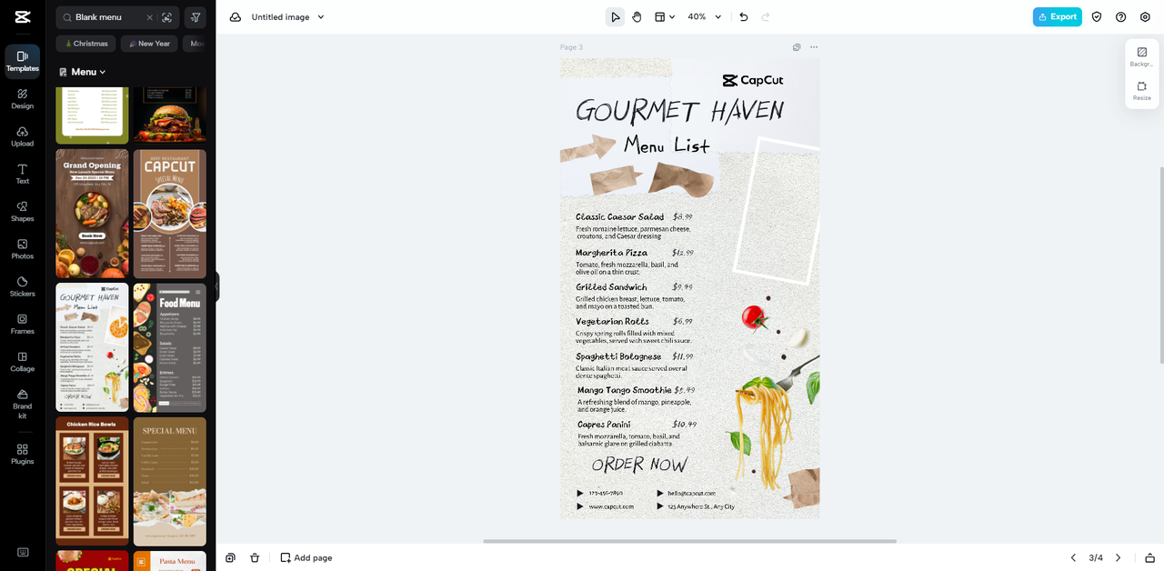 CapCut Online interface showing a template menu for a local restaurant