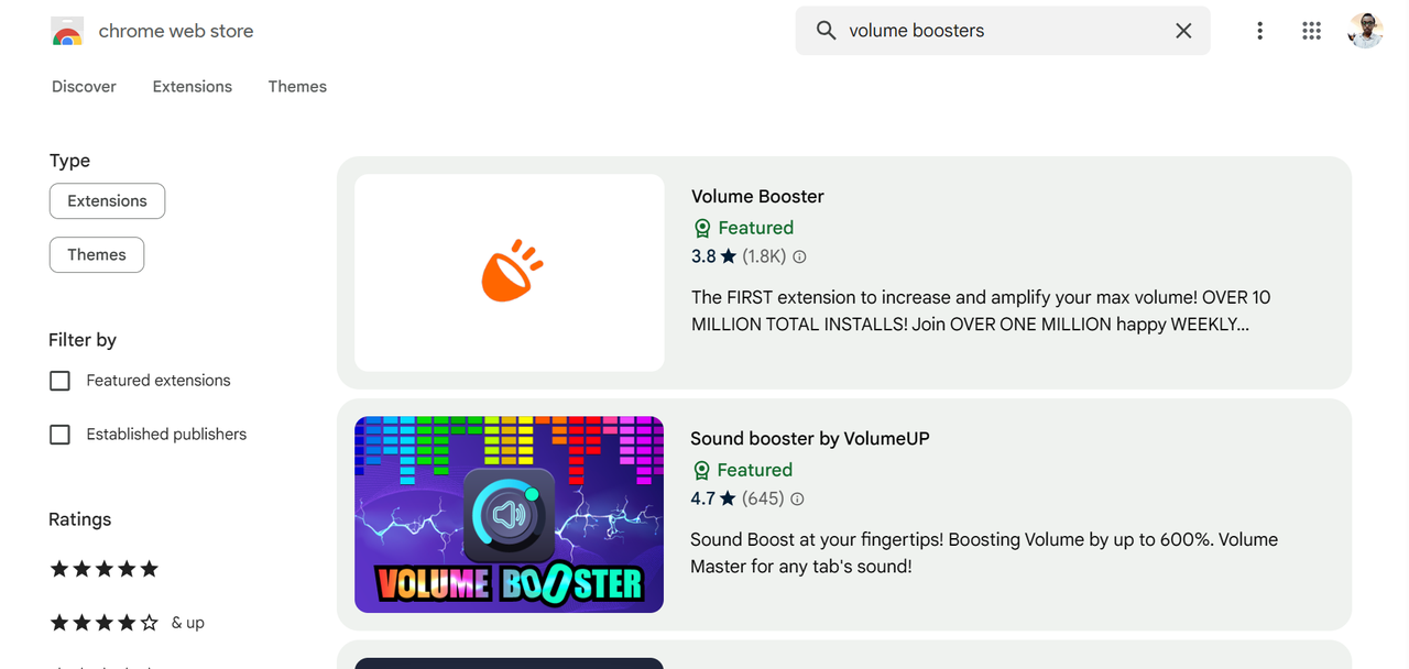 Google Chrome volume boosters on the Chrome Web Store