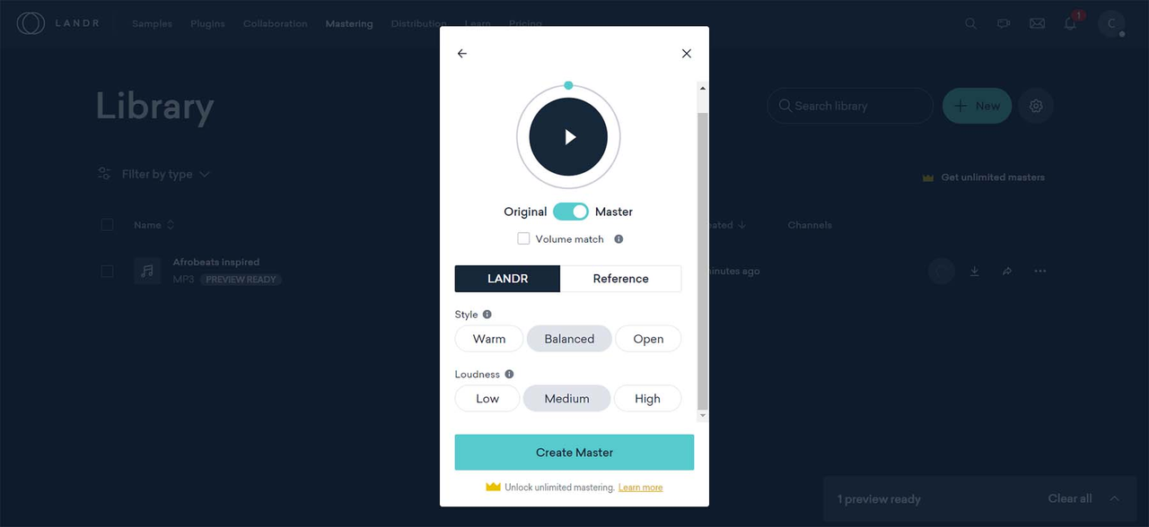 User interface for the LANDR AI vocal enhancer