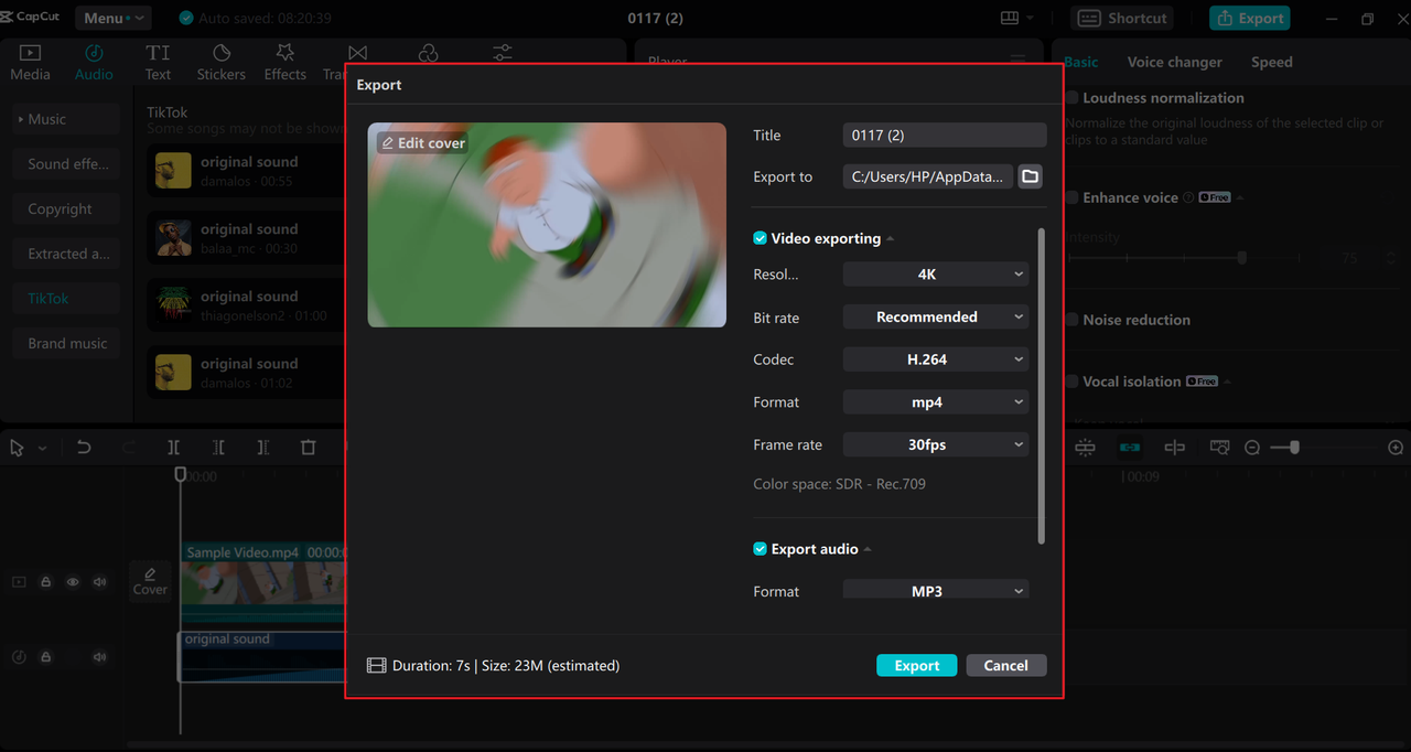 Export videos of trending TikTok sounds from the CapCut desktop video editor