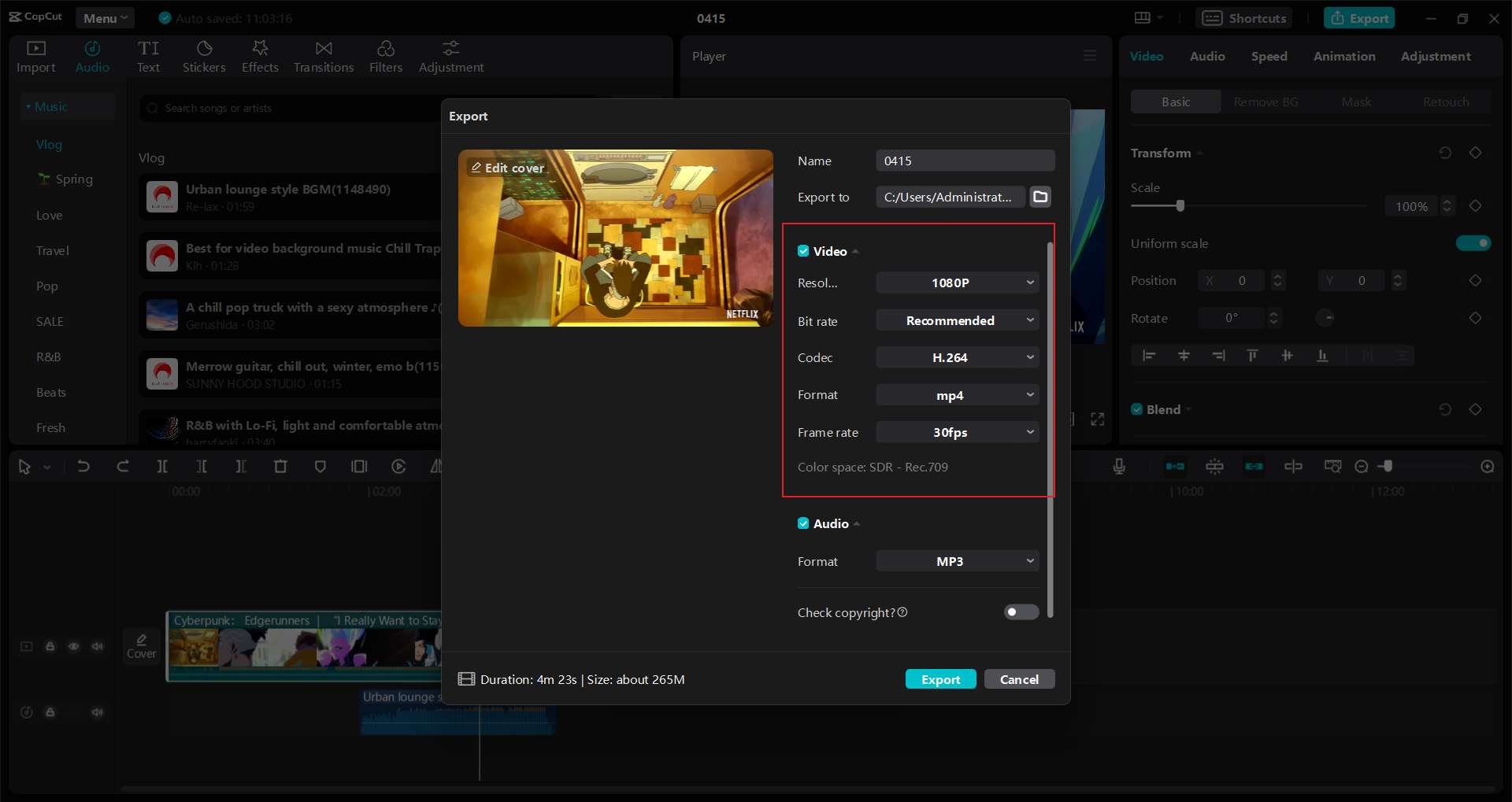 export options onCapCut video editor