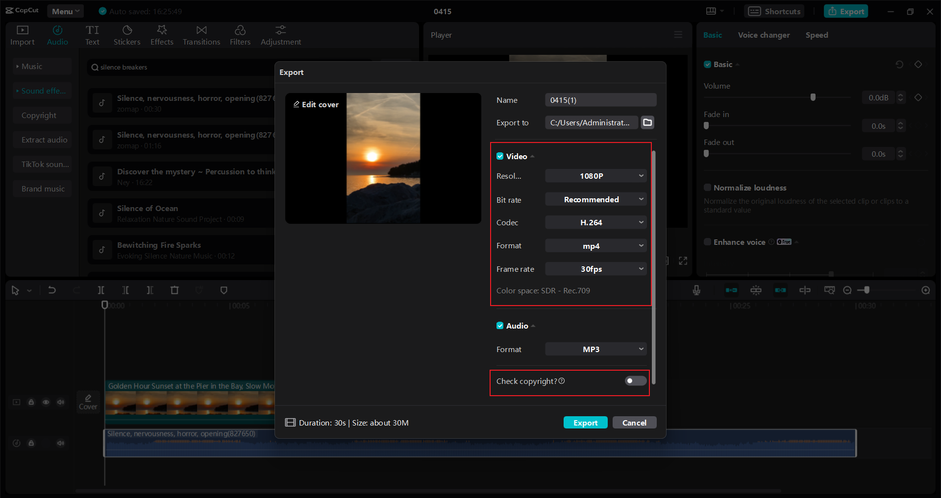 export options on CapCut video editor