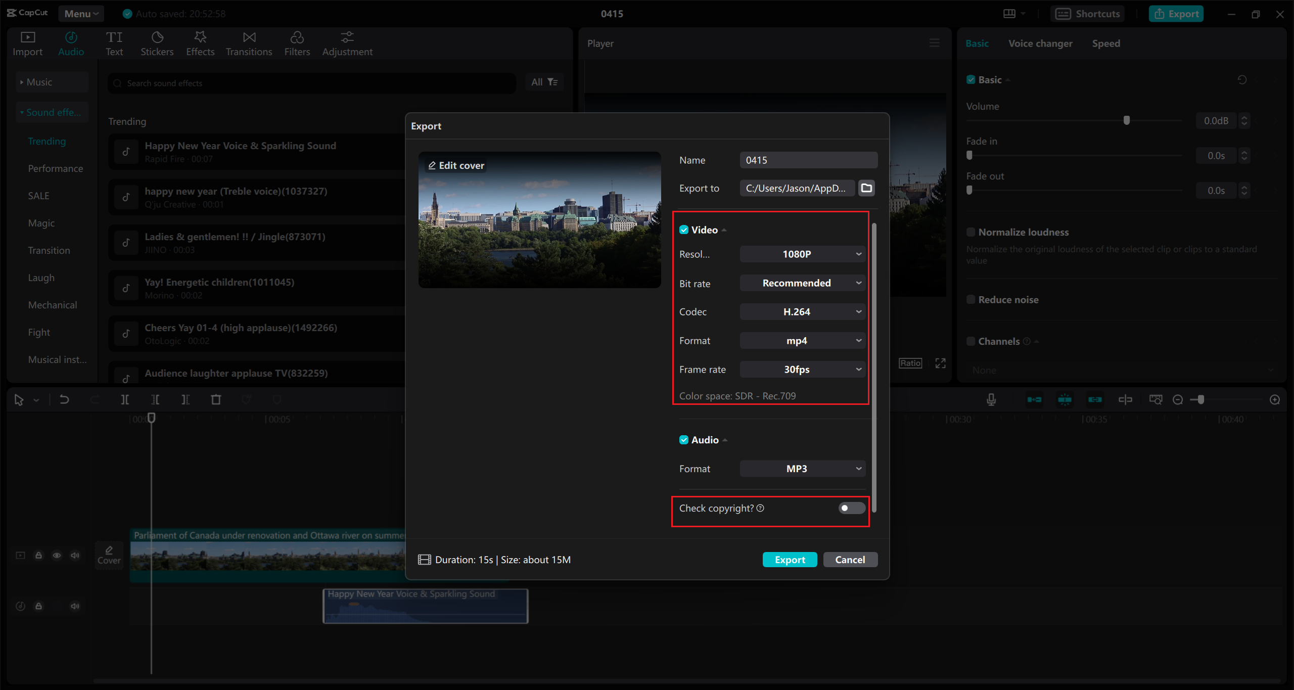 export options on CapCut video player