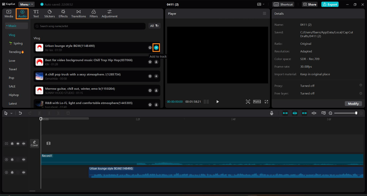 Add audio from librabry for editing in CapCut PC Application