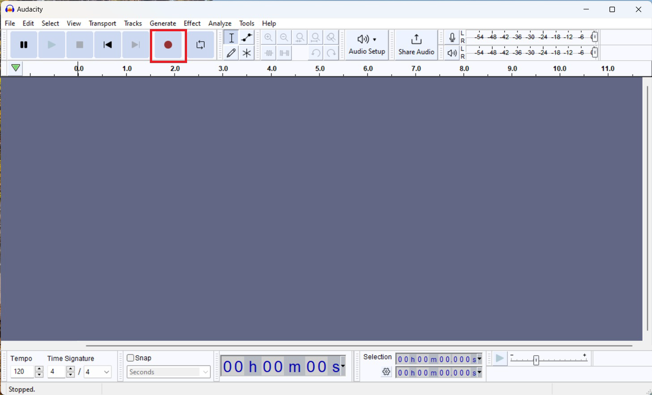 Click the record button to start your audacity recording