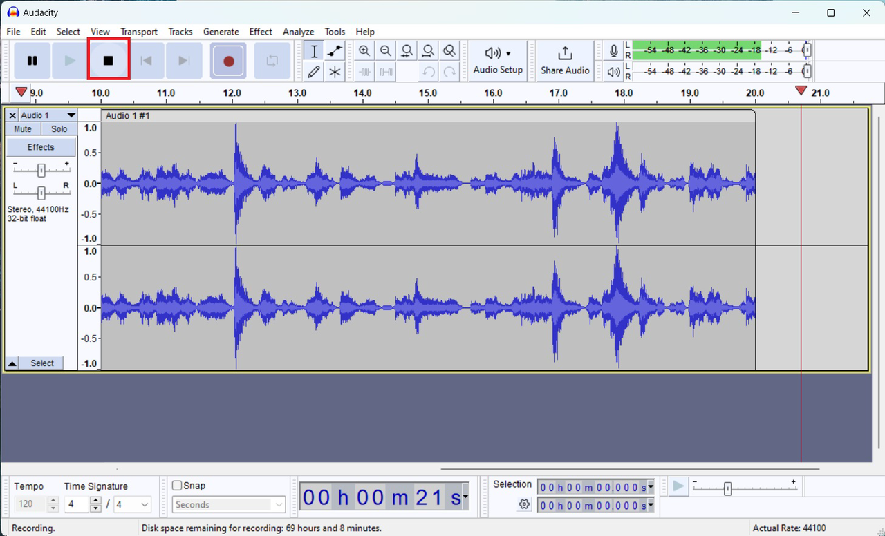 Click the Stop button to end your Audacity recording