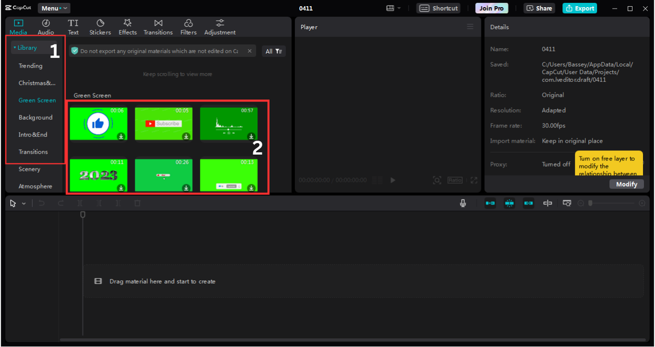 Image showing how to choose CapCut's free green screen templates