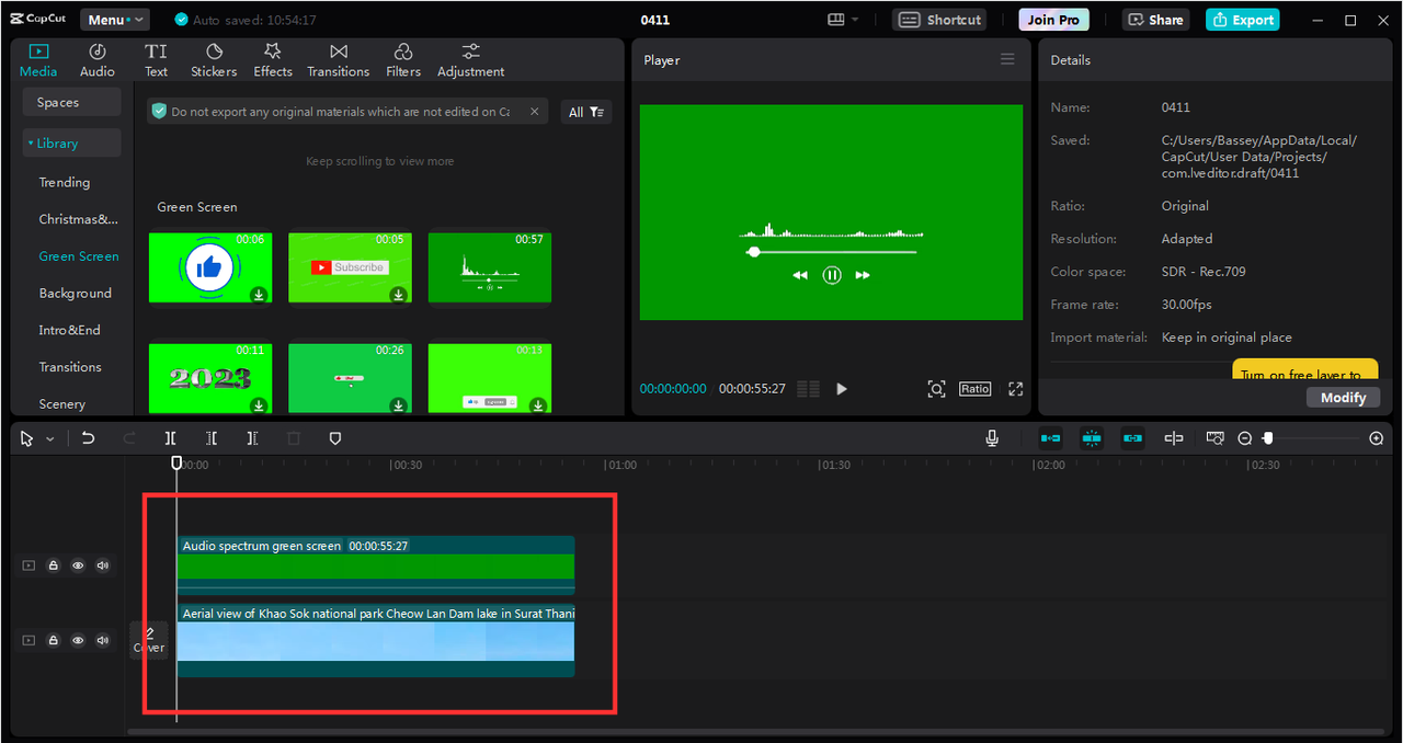 Image showing how to properly place the video and the green screen on the timeline