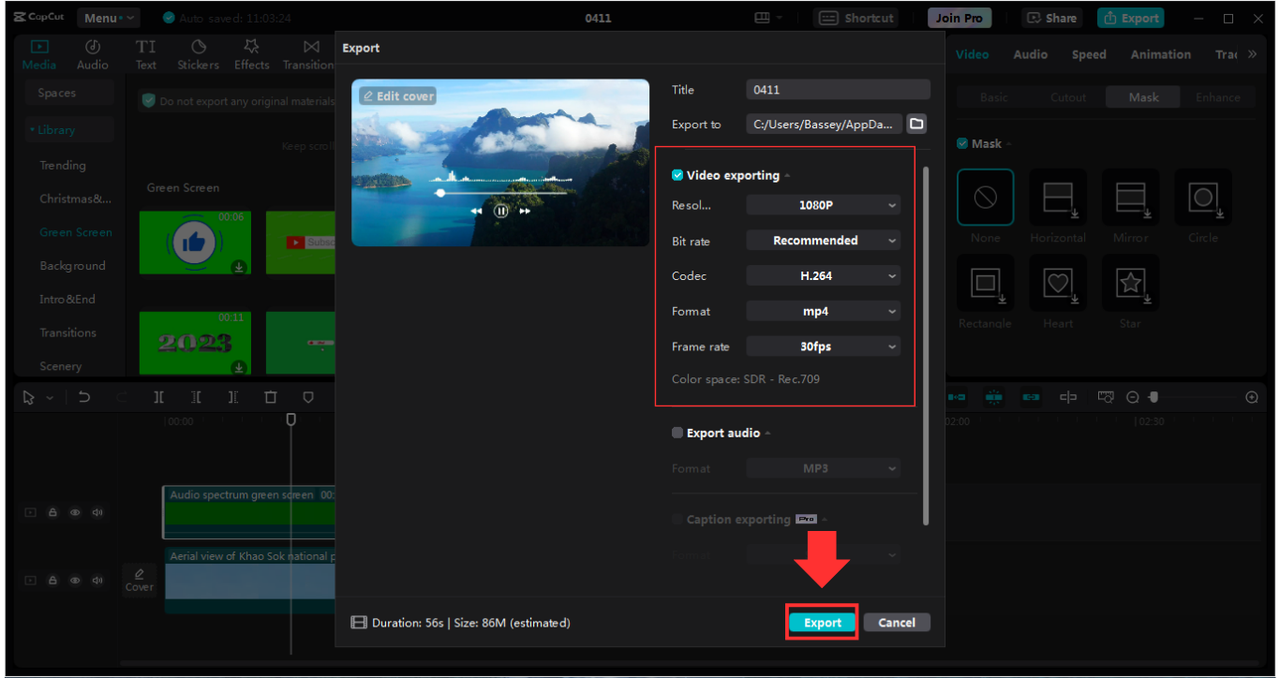 Image showing where to fine-tune the video settings before exporting it