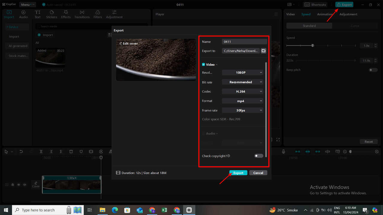 how to export on CapCut video editor