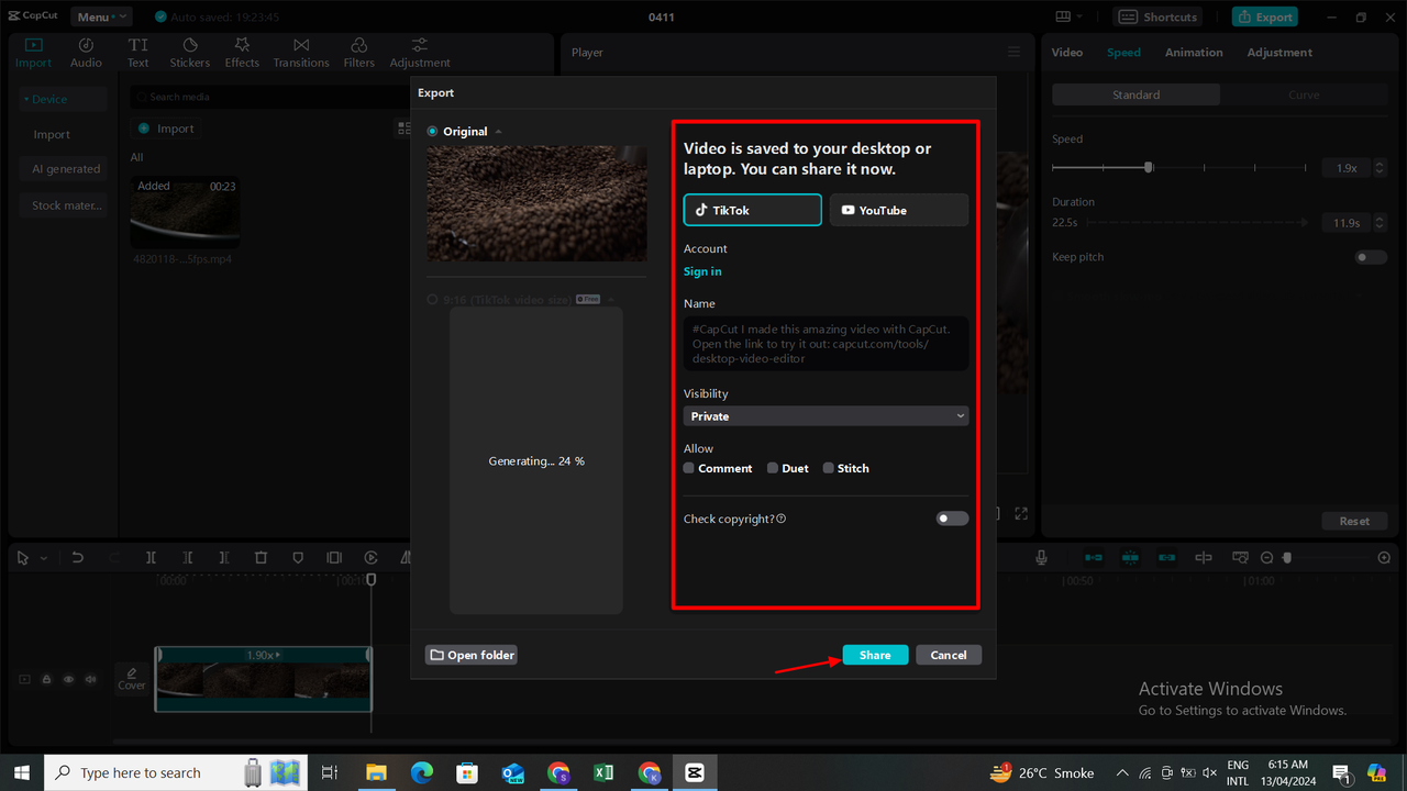 how to quickly share on CapCut video editor