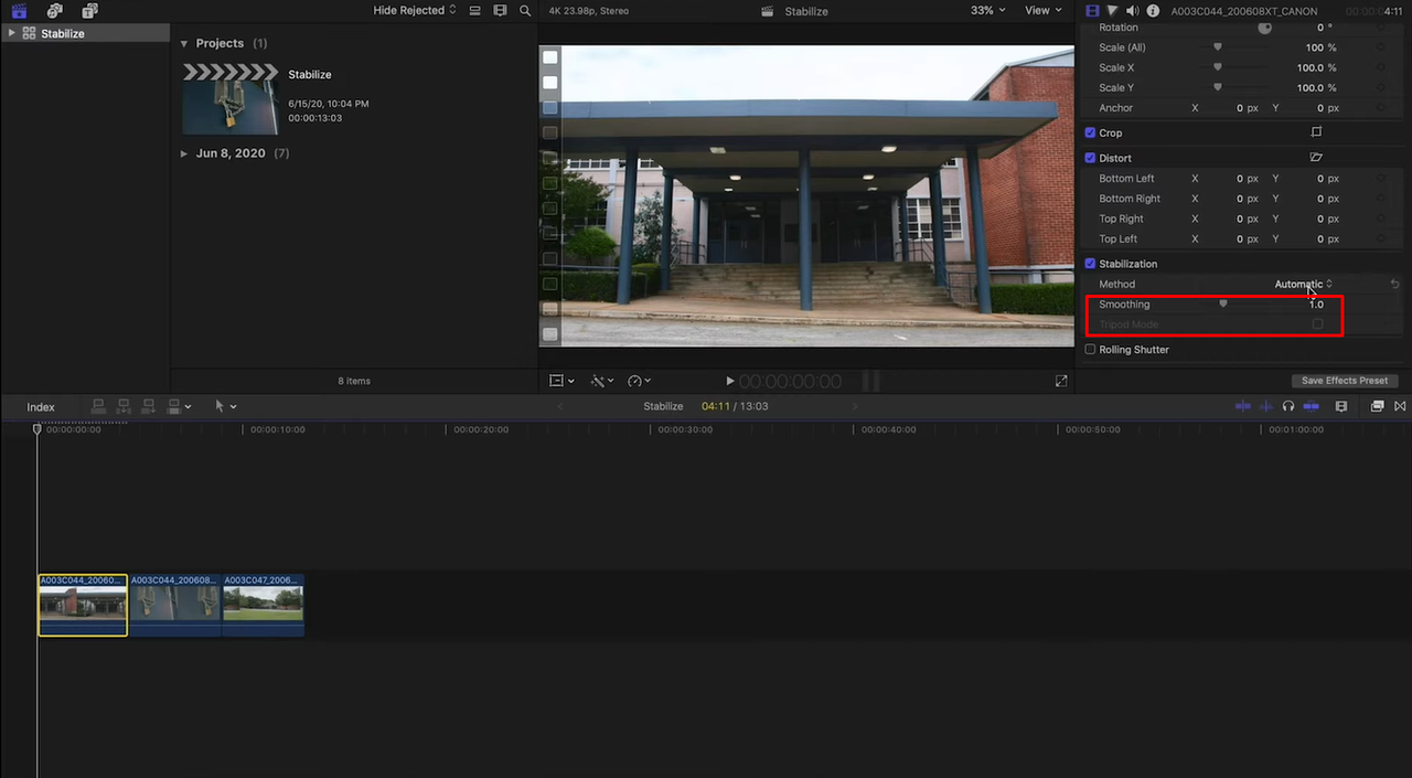 Finetune stability options to stabilize in final cut pro