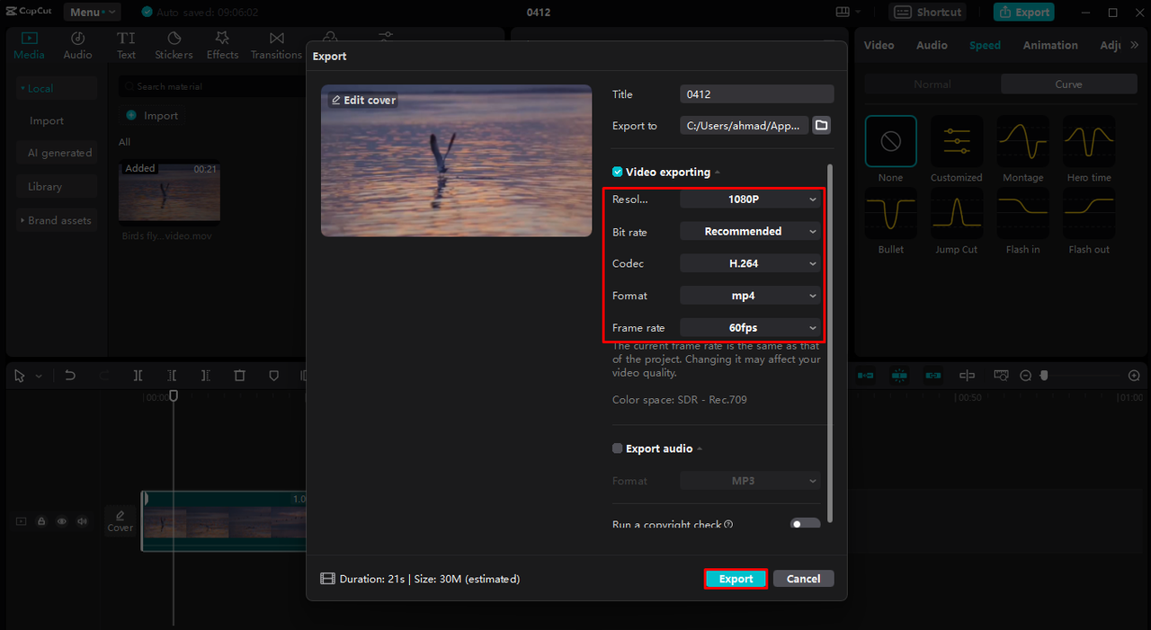 Change video export settings