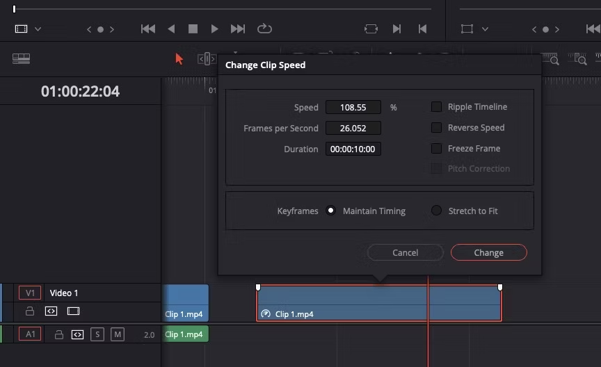 How to use the Change clip speed technique on DaVinci Resolve freeze frame