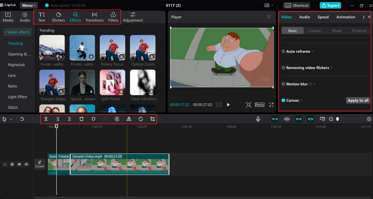 Video editing features on the CapCut desktop video editor, a DaVinci Resolve freeze frame alternative