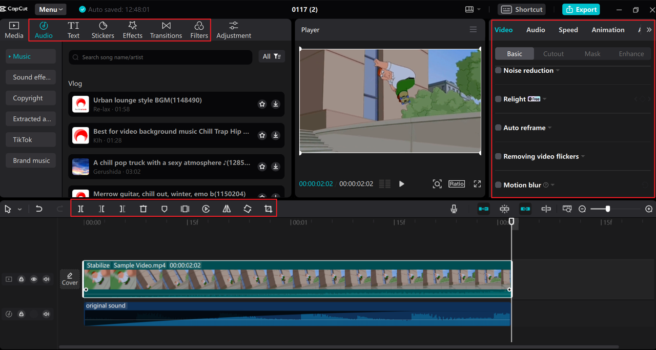 Video editing tools on the CapCut stabilizer for PC