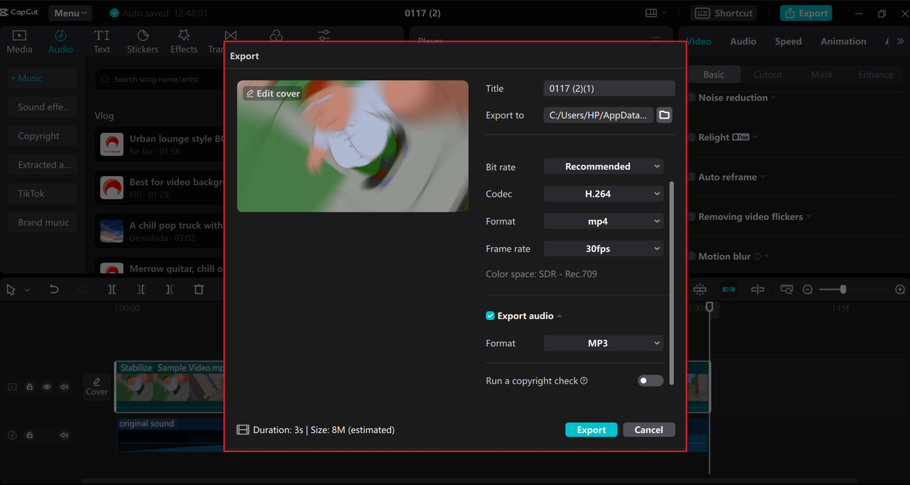 Export videos on the CapCut stabilizer for PC