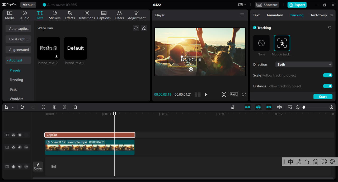 Motion tracking in CapCut desktop video editor