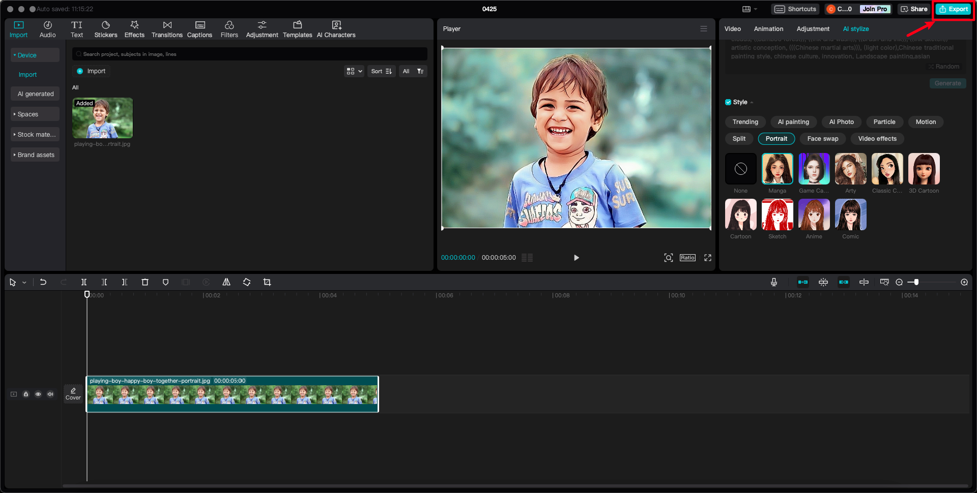 export AI portrait pic on CapCut